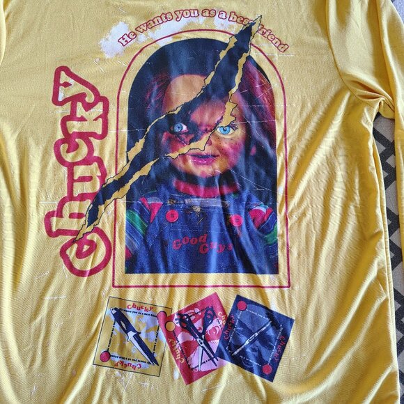 Chucky Long Sleeve Yellow Graphic Tee M "He Wants You As A Best Friend" - Picture 3 of 6